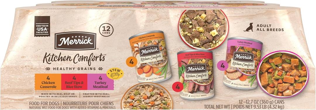 Merrick Kitchen Comforts Wet Dog Food Gravy, Variety Pack Real Meat and Brown Rice Dog Food with Grains - (Pack of 12) 9.5 lb. Cans, Best By Feb 2028