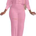 Ophestin Women 2 Piece Outfits Dressy Batwing Sleeve Button Down Crop Top Cut Out Wide Leg Pant Matching Tracksuit Sets (XX-Large, Pink)