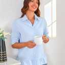 MAKABO Womens Summer Tops Dressy Casual Blouse Top Ruffled Short Sleeve Button Down Striped Shirt (Blue, M)