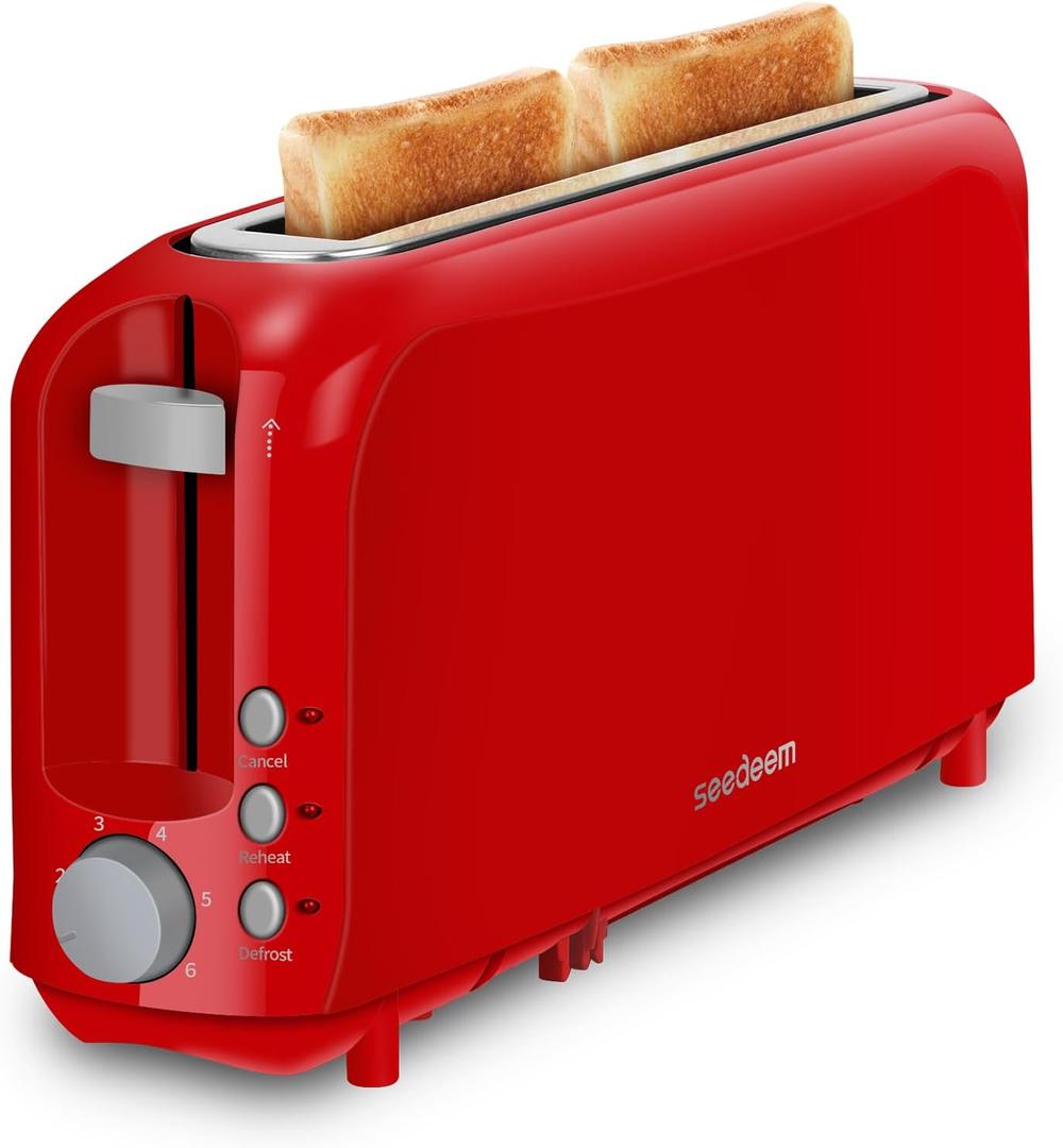 SEEDEEM 2 Slice Slim Toaster, Single 10" Long Slot Toaster Fits Bagels & Artisan Bread, 6 Shade Settings, Cancel/Reheat/Defrost, Removable Crumb Tray, Auto Shut-Off, Red (3.54*14.37*6.89), Red