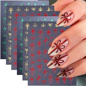 6 Sheets Christmas Gift Bow Nail Art Stickers Christmas Nail Decals 3D Self-Adhesive Gift Bow Nail Sticker Gold Red Green Bow-Knot Nail Supplies New Year Holiday Manicure Tips Decoration for Women