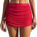Leoparts Women’s Mesh Swim Skirt High Waisted Tummy Control Swimsuit Bottoms Ruched Drawstring Bathing Suit Bottom (Red, XL)