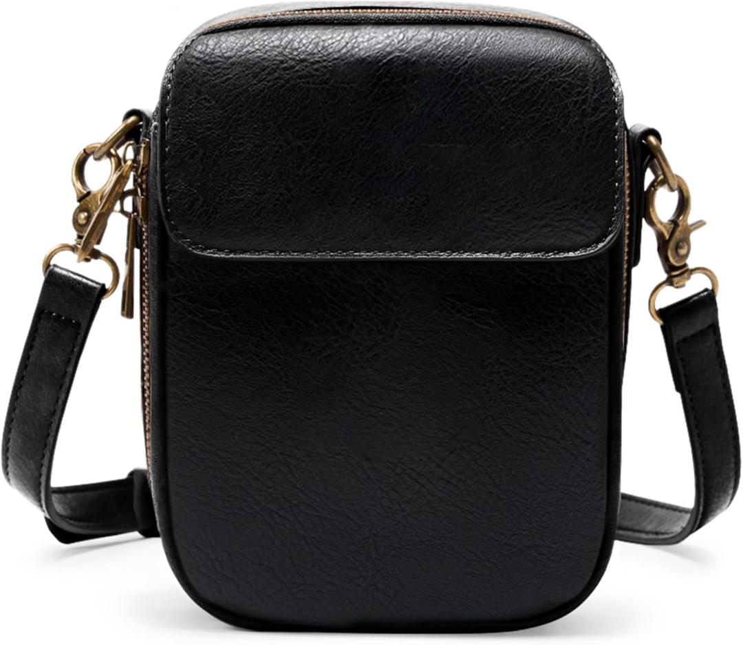 Yarnic Small Crossbody Bag, Vegan Leather Cell Phone Purse for Women, Vintage Wallet Bag with Card Slots (Black-leather Strap)