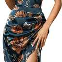 WDIRARA Women's Floral Print Cowl Neck Sleeveless Ruched Split Thigh Satin Cami Summer Dress Floral Dark Blue Medium