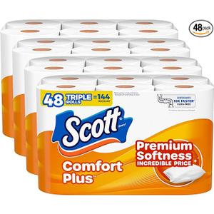 Scott ComfortPlus Toilet Paper, 48 Triple Rolls, 231 Sheets per Roll, Septic-Safe, 1-Ply Toilet Tissue
