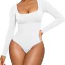 CYDREAM Long Sleeve Bodysuits for Women - Square Neck Shapewear Bodysuit Tops Going Out Body Suits Shirt Leotard (Medium, White)