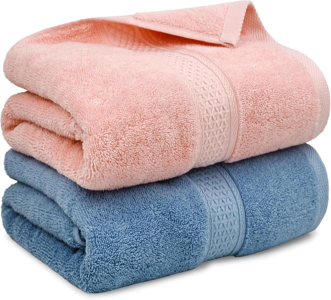 Cleanbear Ultra Soft Bath Towel Set of 2, 100% Cotton Towels for Shower, Spa or Swim Use, Medium Weight Extra Absorbent 55 x 27 1/2 Inches (Pink, Blue-Grey)