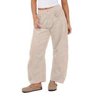 SeekMe Women's Corduroy Pants Barrel Mid-Rise Elastic Waist Cord Pants Casual Wide Leg Baggy Trouser with Pockets (X-Large, Beige)