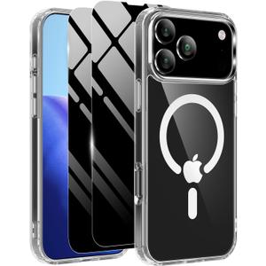 Magnetic Case for iPhone 17 Pro Max with 2 Privacy Screen Protector [Compatible with MagSafe],Non-Yellowing Shockproof Protective Phone Case for iPhone 17 ProMax,Transparent