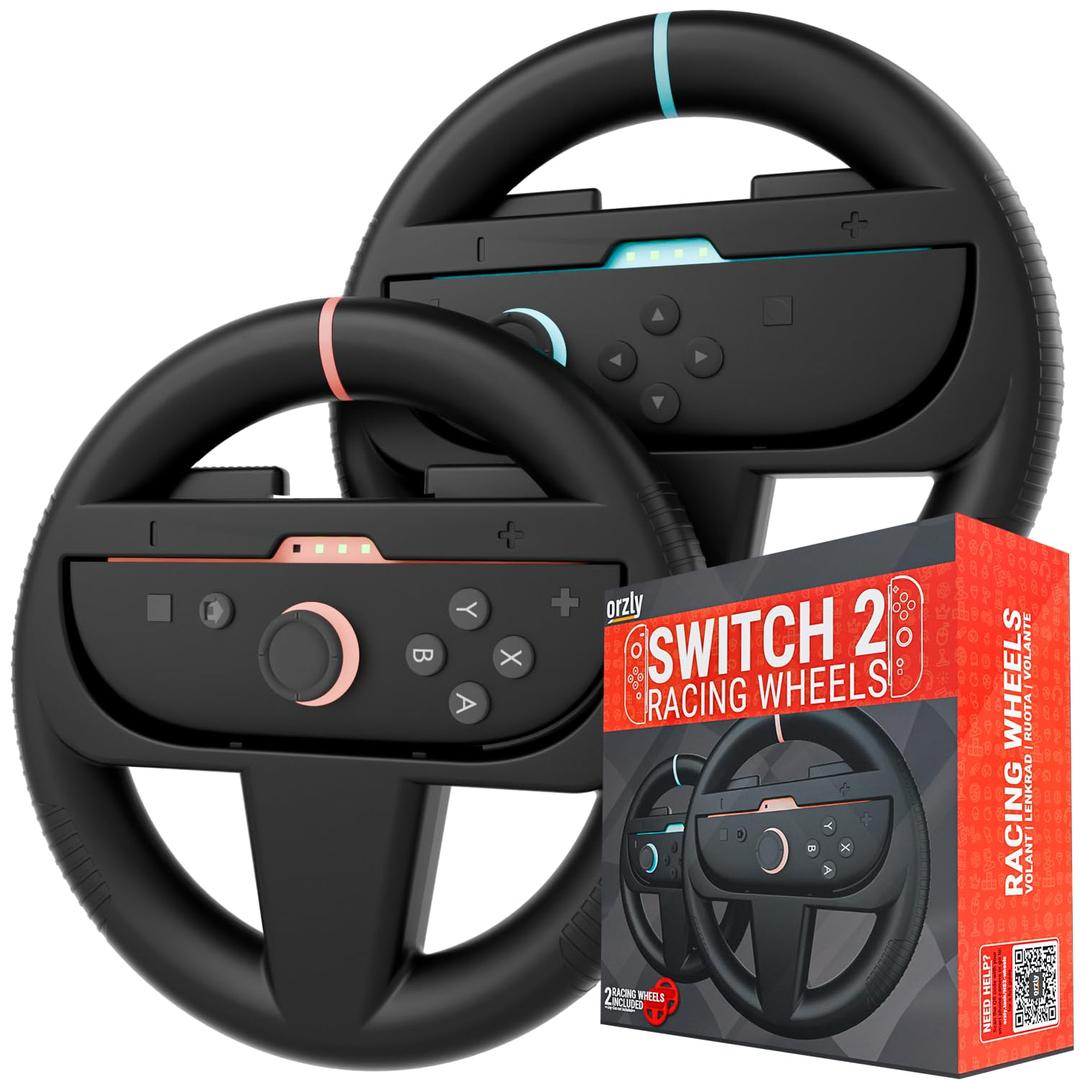 Orzly Steering Wheels  Compatible with Switch 2 (2025 Console)  Twin Pack Racing Wheel Accessories for Joy-Con Controllers and MarioKart Racing Games (2 Black Wheels) Gift Boxed