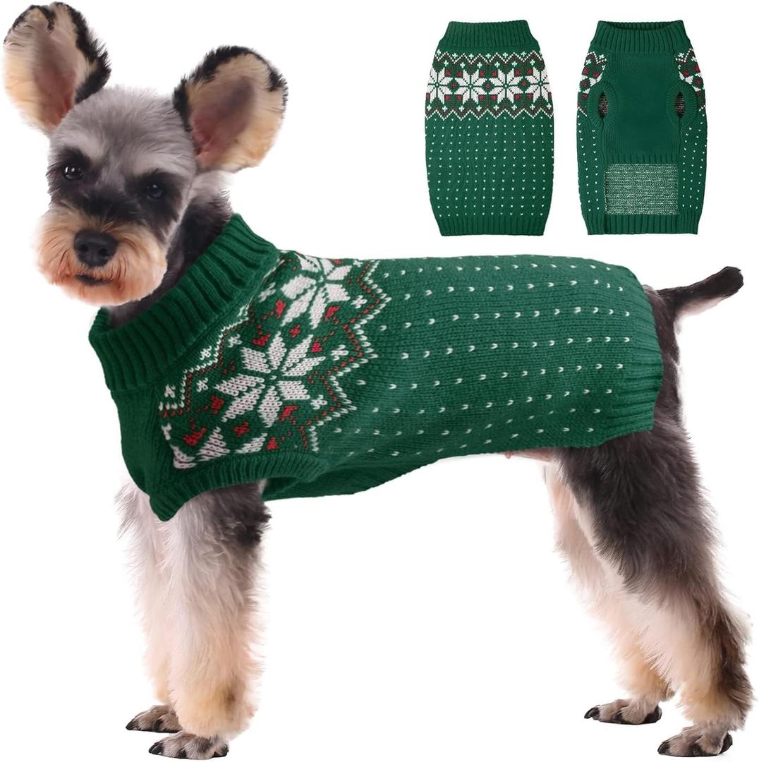 Kuoser Dog Christmas Sweater, Soft Warm Xmas Sweaters for Small Medium Large Dogs Boy Girl, Comfortable Dog Sweater with Leash Hole Snowflake Puppy Knit Outfit for Holiday Winter Fall, Green S 