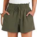 NILOINE Womens Summer 2025 High Rise Drawstring Shorts Elastic Waist Solid Color Lightweight Beach Shorts Cute Wide Leg Short Pants with Pockets(1-Army Green,X-Large)