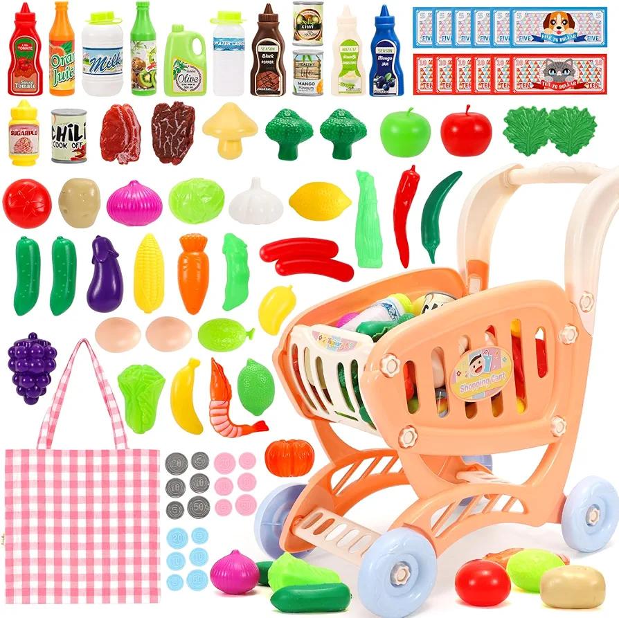 Tagitary Shopping Cart Toy for Kids,82 PCS Toddler Play Grocery Cart with Shopping Bag,Included Pretend Plastic Food Veggies,Play Money Cash and Coins, Learning Toys Play Kitchen Accessories for Kids