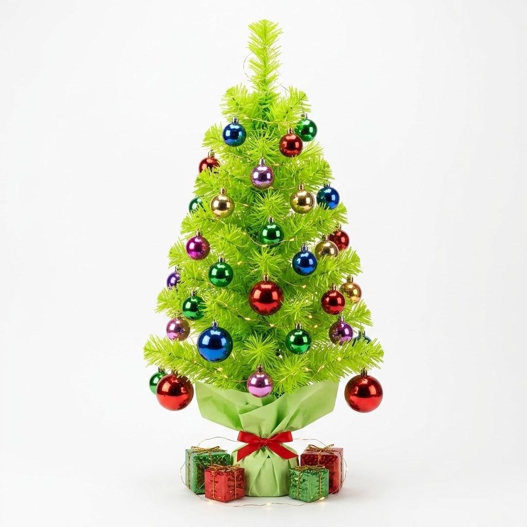 Realspring 2 ft Whimsical Tabletop Christmas Tree Small Bendable Artificial Lime Green Christmas Tree Decor with 21 Balls & Light & Hanging Ornaments Elf Xmas Holiday Decor for Home Office Fireplace