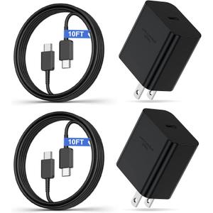 Pack of 2 45W Super Fast Charger with Type C Cable 10ft, USB C Wall Charging Block Plug and Android Phone Charger Cord Long for Samsung Galaxy S25/S24 Ultra/S24+/S23+/S22+/S22 Plus/S21/S20/Note 20/Note10+ (Single Port Charger)