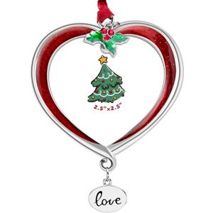 Christmas Tree Ornament Picture Frame Metal Hanging Pendant Holiday 2.5" Photo Frame Charm Decorative of Pets, Baby First Christmas, Family (Love Red)