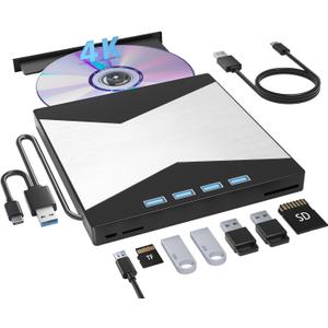 External Blu Ray Drives, 4K Portable Blu Ray Burner USB 3.0 Type-C UHD BD Player with SD/TF Port, CD/DVD Burner R/W 3D Blu Ray Drive, External 4k Blu Ray Drive Compatible with Windows Mac OS Laptop