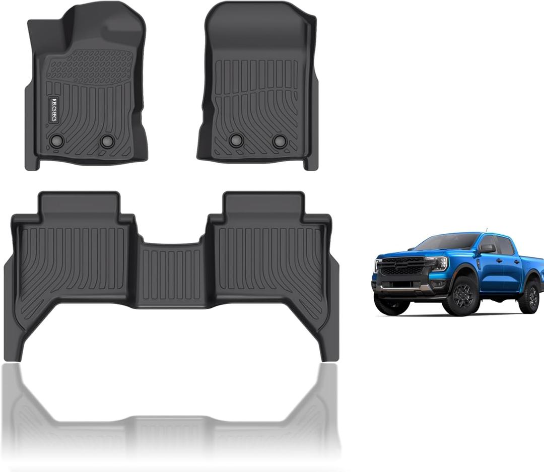 KELCSEECS Floor Mats Custom for Ford Ranger SuperCrew Cab 2019-2023 All Weather Protection TPE Heavy Duty Non-Slip Automotive Floor Liners Fits Front & 2nd Row Full Set Accessories, Black