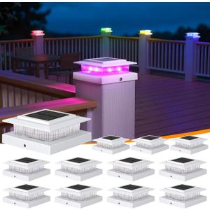 APONUO 12 Pack Solar Post Cap Lights Color Changing - 8 Solid Colors & Flowing Multicolor, IP65 Waterproof for 4x4 Wood/Vinyl Posts, Auto On/Off Deck Fence Patio Garden Lighting, White