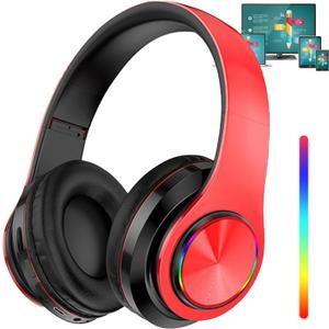 Bluetooth Headphones with LED Lights, Foldable Wireless Bluetooth Headphones Over Ear, Wired HiFi Stereo, Built-in Mic, Suitable for PC/Laptop/Tablet/Phone Gaming/Exercise/Calling(Red)