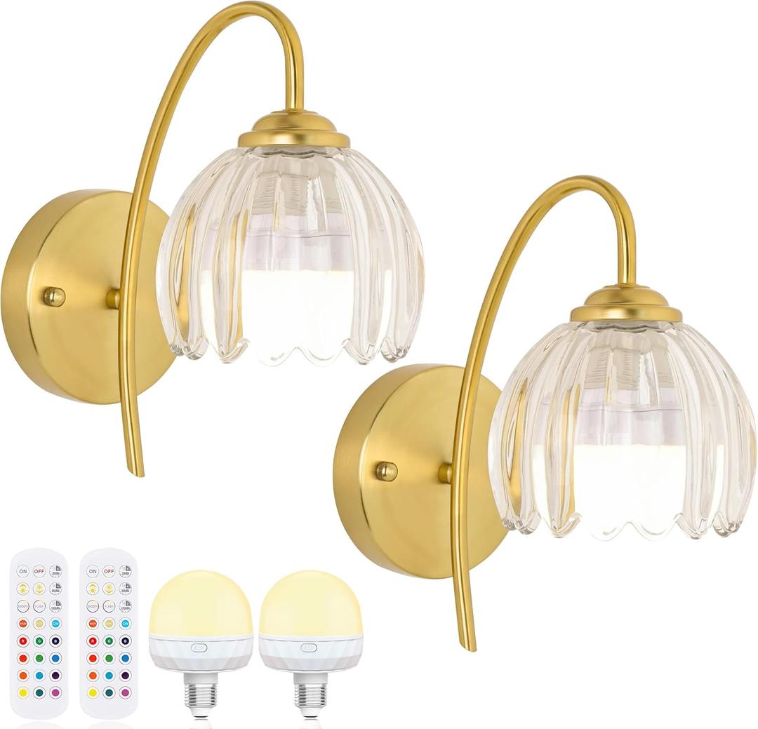 Vintage Battery Wall Sconce with Flower lampshade,Rechargeable Battery Powered Wall Lights,Wall lamp with 15 Colors for Bedroom Living Room Home Decor (milky white Tulip, 1 Light Battery Operated), 1 Pack