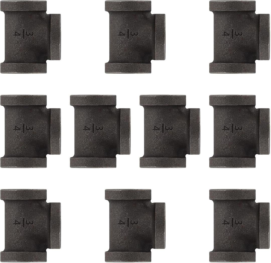 10 Pack 3/4 inches Tees Malleable Cast Iron Pipe, Industrial Pipe for Threaded Black Pipes and Fittings, DIY Steampunk Industrial Vintage Style.