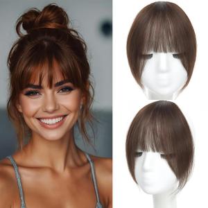 Clip in Bangs, 100% Real Human Hair French Fake Bangs Hair Clip for Women Brown Natural Curtain Fringe with Temples Hairpieces for Daily Wear（French,Brown）