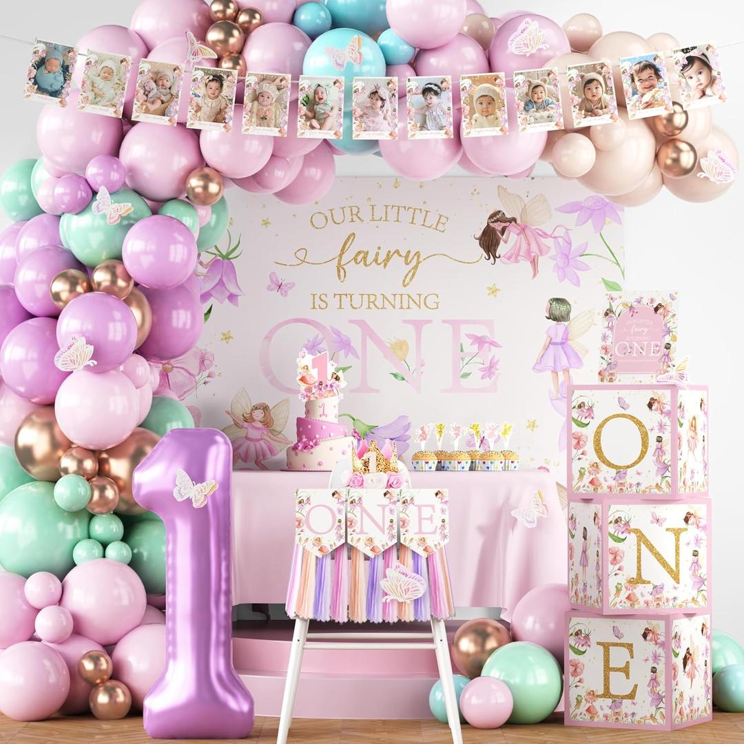 Fairy First Birthday Decorations 167Pcs Floral Fairy Themed 1st birthday Party Decorations Include Banner Balloon Arch Kit Boxes Backdrop Cake Topper Paper Tassels for Birthday Party Decorations