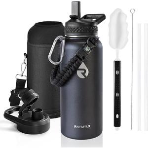 Insulated Water Bottle 32 oz, Triple Wall Vacuum Stainless Steel (Cold for 48 Hrs), Leak Proof & Non-BPA, Modern Water Flask Jug with Paracord Handle & Straw Spout Lids, Hydrangea