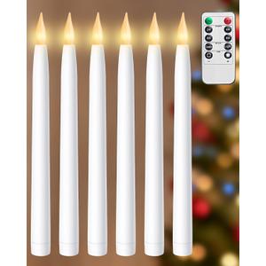 otnofok 10.5" Flameless Taper Candles, 6 Pack Battery Operated Plastic LED Candlesticks with Remote, 3D Flickering Flame for Wedding, Christmas Decor, White (Rechargeable Batteries Not Compatible) (Remote Control-3000K)