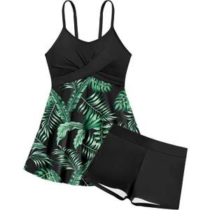 Girls Swimsuits Criss Cross Tropical Print Mesh Dress Bathing Suits with Shorts 2 Piece Tankini for Teens (15-16 Years, Black+Green)