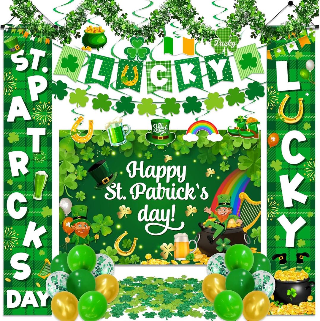 St Patricks Day Decorations, Saint Patricks Day Decorations includes Lucky Banner Shamrock Garland Hanging Swirs and St Patricks Day Porch Sign, for St Patricks Day Decorations for Office Home Outdoor