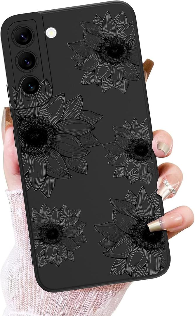 OOK Floral Case for Samsung Galaxy S22 Case, Cute Sunflower Floral Blooms Design Soft TPU Shockproof Protective for Women Girls Phone Cover - Black Flower