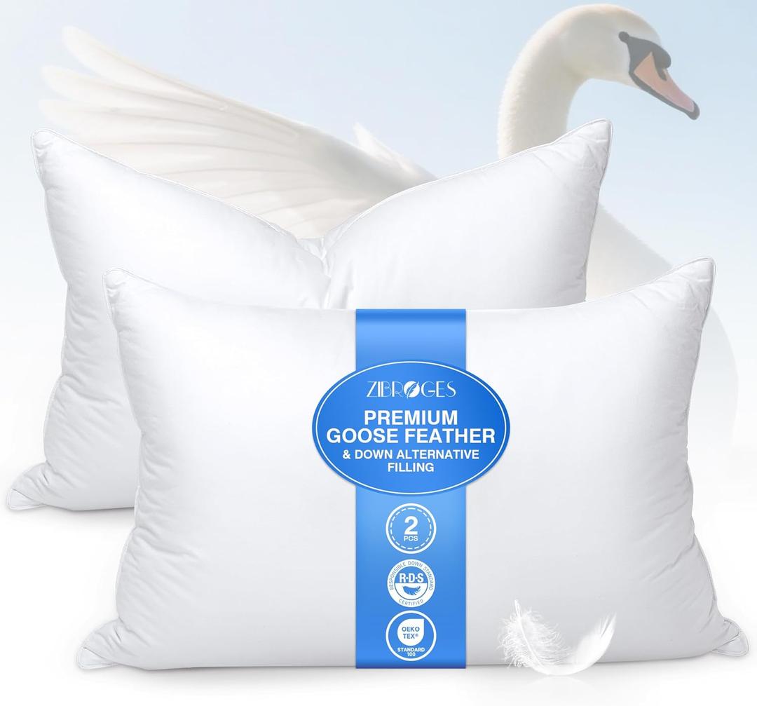 Feather Pillows Queen Size Set of 2 - Goose Down Hotel Bed Pillow for Sleeping, Soft 600 Thread Count Cotton Cover, Fluffy Support Surround Fill Polyester for Side, Back, Stomach Sleepers