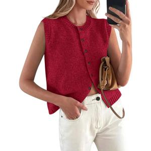 PRETTYGARDEN Sweater Vest Tops for Women 2026 Lightweight Summer Cardigan Sleeveless Button Up Knit Casual Spring Clothes (Medium, Wine Red)