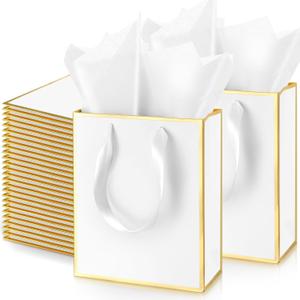 Yeaqee 50 Pack Metallic Gift Bags with Handle and Tissue Paper Gold Foil Thank You Bag for Wedding Groomsmen Bridal Baby Shower Welcome Gifts Holiday Party Favors 9x7x3.15'' (White Gold)