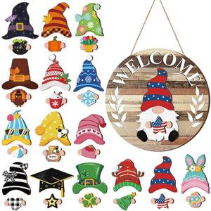 Qunclay Interchangeable Wooden Gnome Decor Holiday Seasonal Gnome Decorations with Magnet Pieces and Detachable Hats Changeable Welcome Sign for Home (Farmouse)