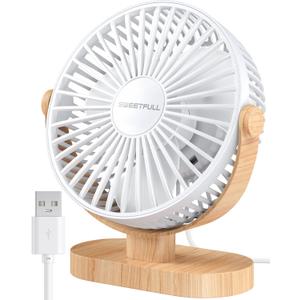 SWEETFULL Small USB Desk Fan 6.5 Inch, 3 Speeds Portable Personal Desktop Table Fan, Dual 360 Adjustment Mini Fan, Quiet Operation, for Home Office Car Outdoor Travel (White wood grain)