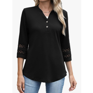CiCiBird Womens 3/4 Sleeve Blouses Casual Button V Neck Shirt 2025 Trendy Tops (XL, Black)