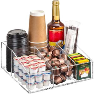 BEYGORM Acrylic Coffee Bar Station Organizer for Countertop, Office Breakroom Clear Snack Tea Storage Accessories Holder for Kcup Pod Condiment Cup Sugar Creamer Syrup, Coffee Gift for Coffee Lovers