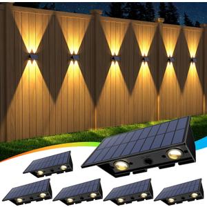 Solar Fence Lights,6Pack Solar Lights Outdoor Warm White + RGB Up & Down Waterproof 100 Lumens Dusk to Dawn Large Solar Wall Lights for Backyard/Pool/Railing/Patio/Porch/Step/Wall