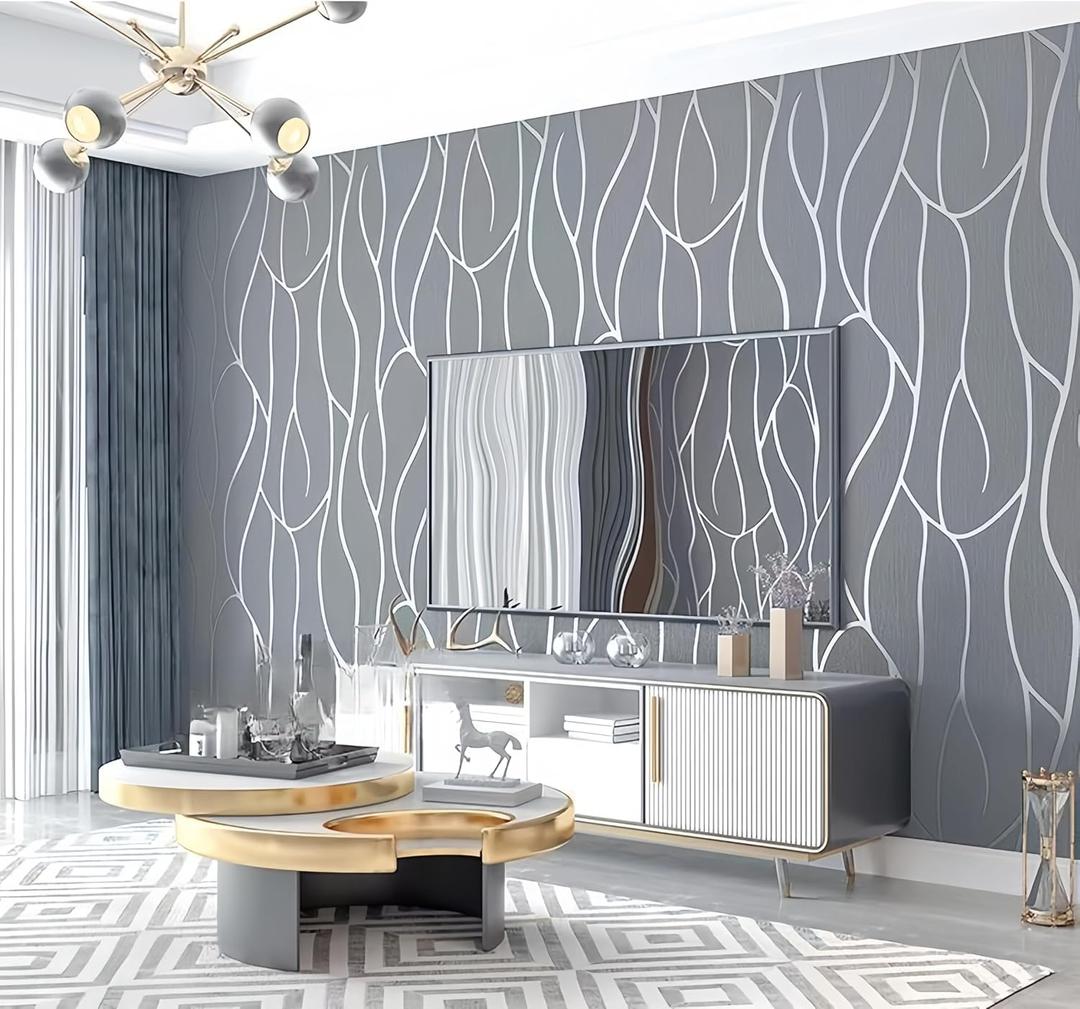 Wallpaper Non-Woven Nordic Geometric Pattern Lines Modern Simple and Fashionable Living Room Television Background Wall Wallpaper Deerskin Velvet Wall Cloth (Dark Gray)