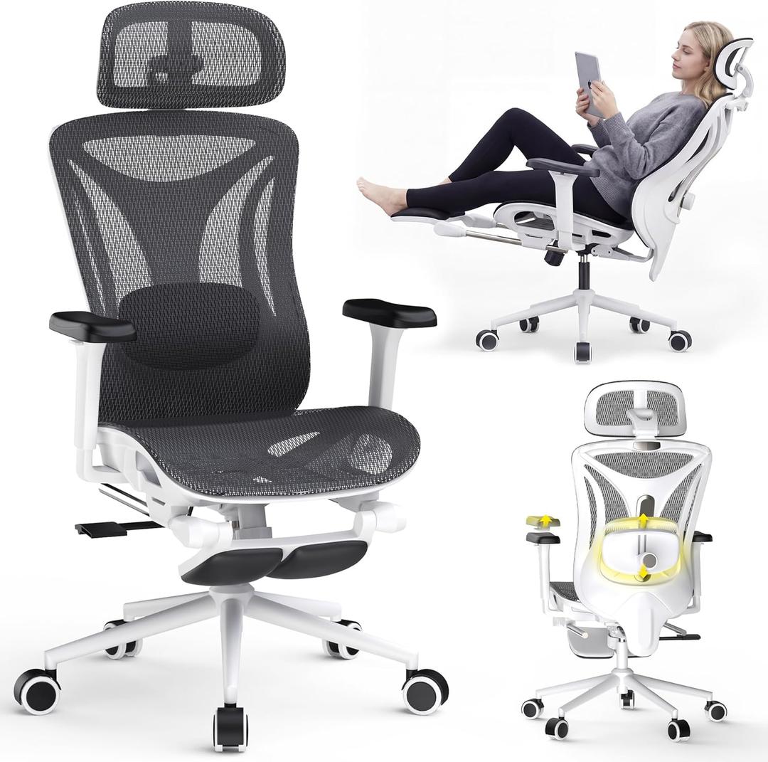 Ergonomic Office Chair with Footrest - Adjustable Lumbar Support & Headrest, 90-160 Reclining Mesh Back Computer Chair - Home Office/Gaming, 350lbs Capacity 