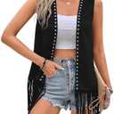 Verdusa Women's Fringe Vest Cardigan 70s Hippie Rivets Tassel Sleeveless Studded Jacket, Black, XL