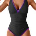 B2prity One Piece Swimsuit for Women Tummy Control Ruched Bathing Suit Push Up Tie Back Swimwear Shell Stitched (Black, S)