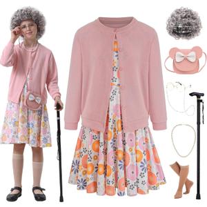 100 Days of School Old Lady Costume for Kids 100th Grandma Granny Dress up for Girls (Small(5-7yr), Pink)