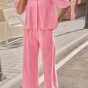 Tankaneo Womens 2 Piece Linen Sets Summer Vacation Outfits V Neck Puff Sleeve Babydoll Tops Wide Leg Pants Matching Sets (Pink, M)