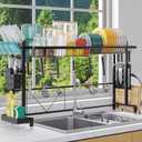 Over the Sink Dish Drying Drainer Rack - Height & Width Adjustable Large Capacity Stainless Steel Kitchen Storage Organization Plate Strainers Above Kitchen Counter (W24.4-38.2" ~ H17.7-22.1" Black)