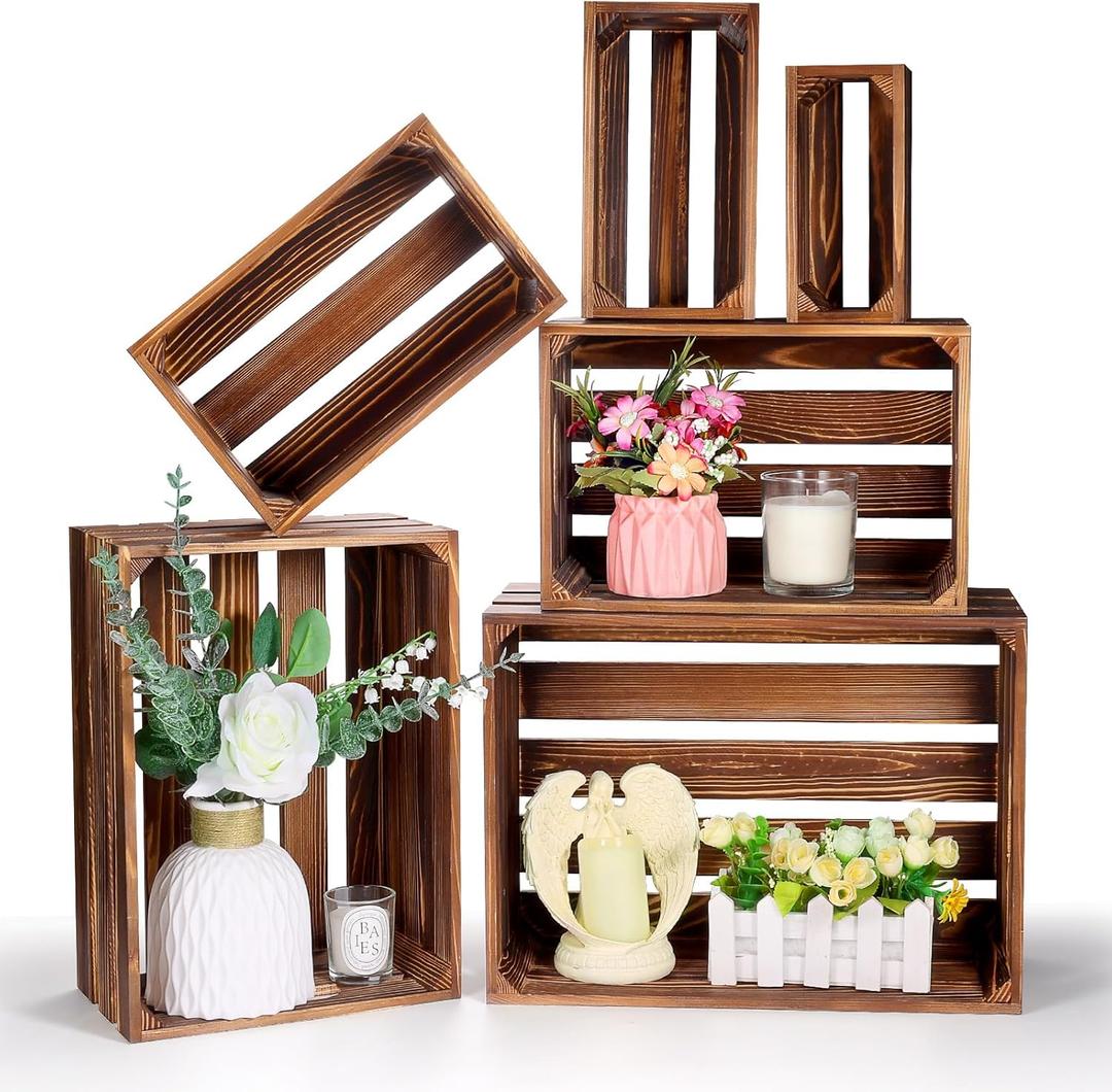 6 Pcs Decorative Nesting Wooden Crates for Display,Whitewashed Nesting Wooden Crates for Display Rustic, Storage Display 6 Size Large Small Rustic Wood Decorative Storage Crates (Deep Wood Color)