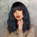 Short Curly Wigs with Bangs for Women 14 Inches Wavy Bob Wig Synthetic Heat Resistant Fiber Wigs (Black Mixed Blue)